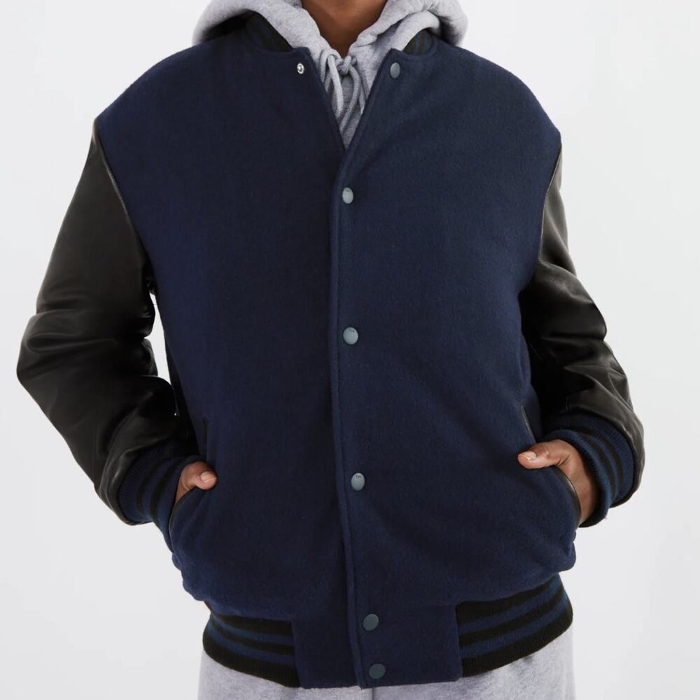 Aritzia TNA Total Eclipse Blue Prince Varsity Bomber Leather Sleeve Jacket